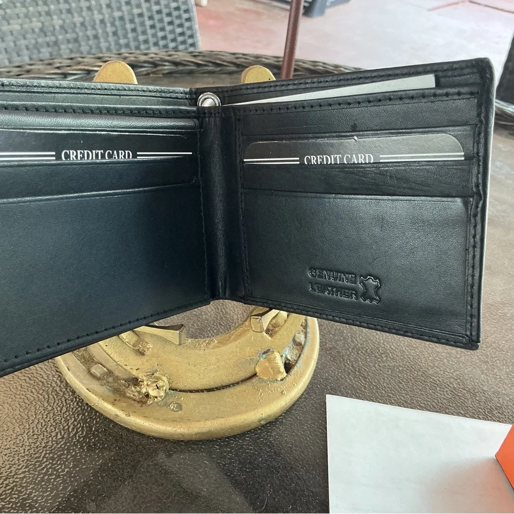 Men's Brown Leather Studded Bifold Wallet with Gun Emblem